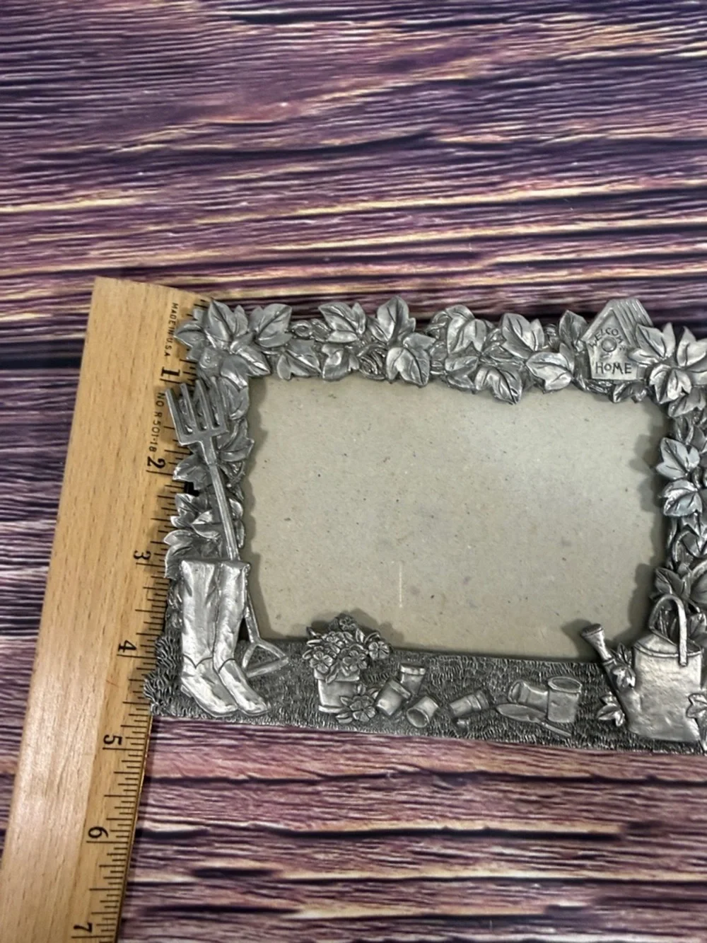 Perfect Art Nouveau Pewter Garden Theme Silver Photo Frame. Watering Can Flowers